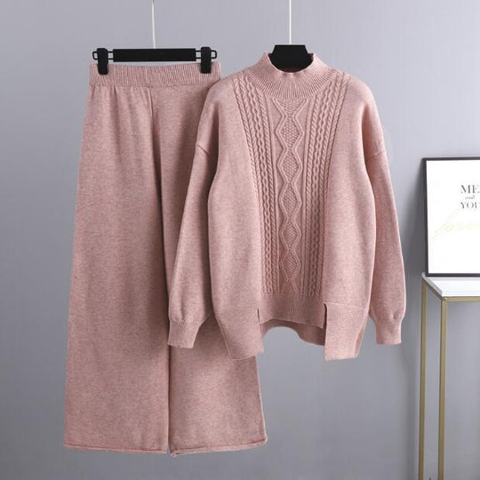 Damen eleganter Strickanzug mit hohem Kragen und farbenfrohem Muster R&B