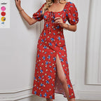 Damen Midikleid mit elastischen Puffärmeln und verführerischem Schlitz R&B