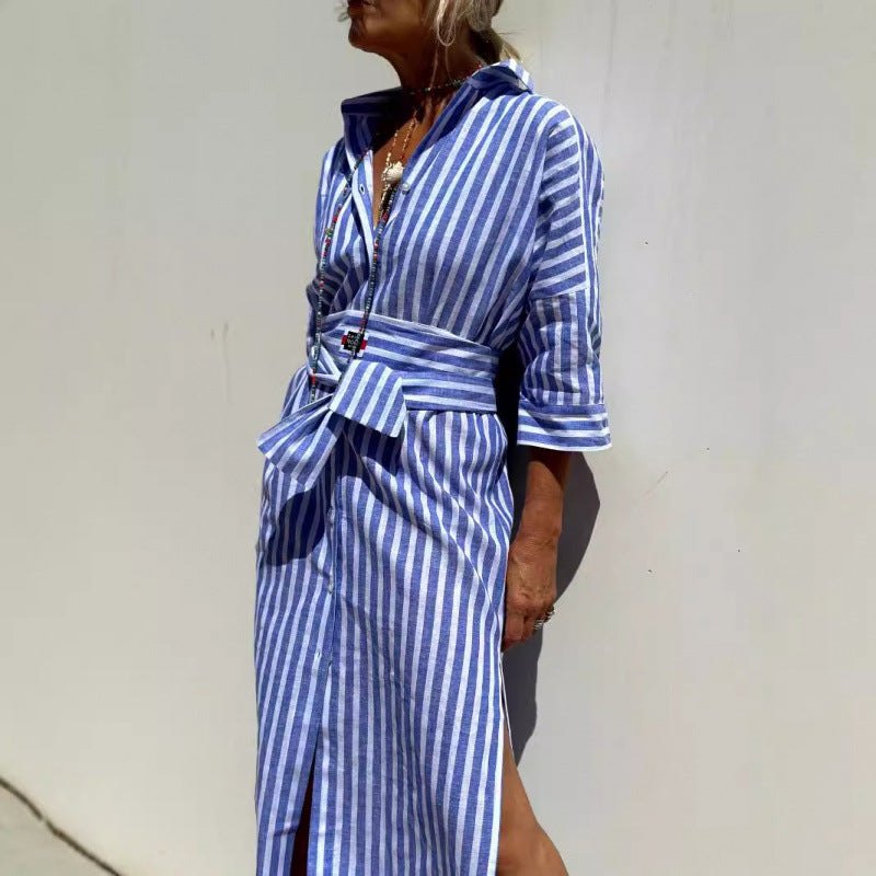 Damen Langarmhemd Kleid mit Gürtel und Streifen