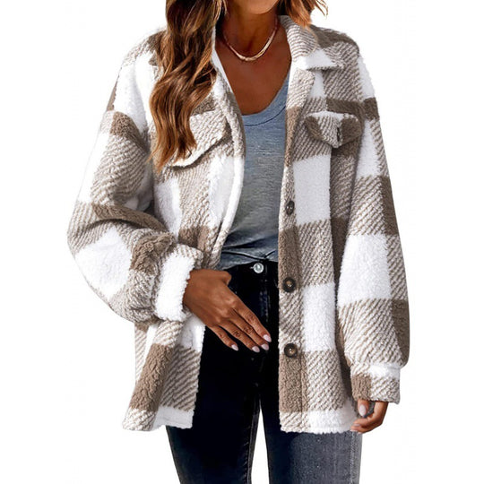 Damen Flauschige Karojacke mit Druckknopfverschluss und praktischen Taschen R&B