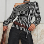 Damen asymmetrisches Langarmshirt mit modischen Streifen und Neckholder EB