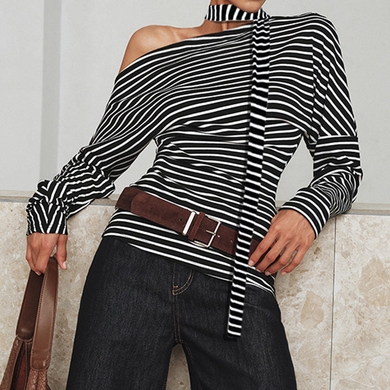 Damen asymmetrisches Langarmshirt mit modischen Streifen und Neckholder EB