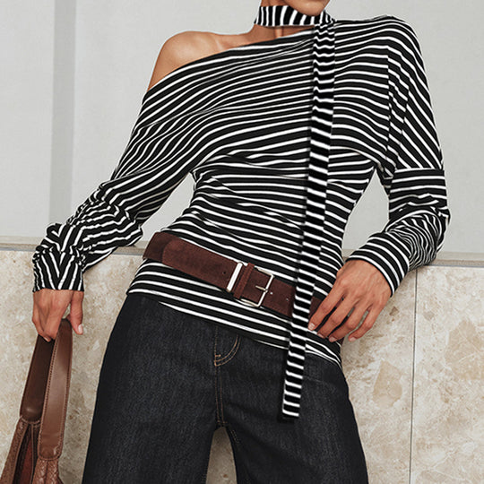 Damen asymmetrisches Langarmshirt mit modischen Streifen und Neckholder R&B