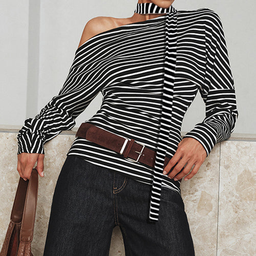 Damen asymmetrisches Langarmshirt mit modischen Streifen und Neckholder R&B