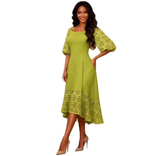 Damen Midi-Kleid mit eleganten Lochmuster-Details R&B