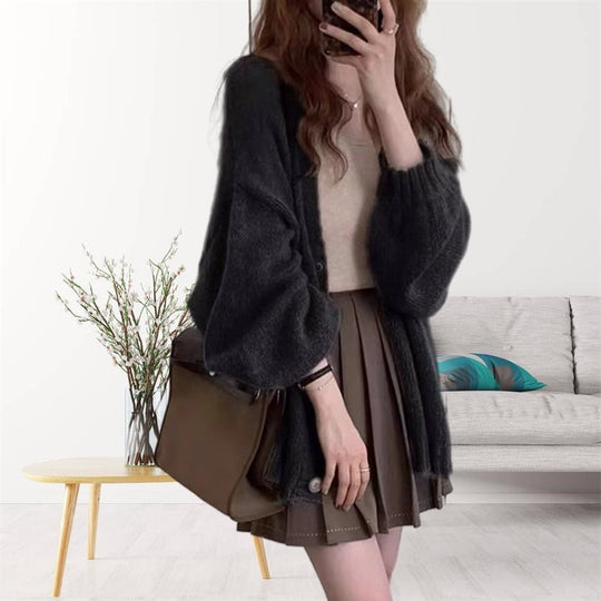 Damen gemütliche Strickjacke mit voluminösen Ärmeln R&B