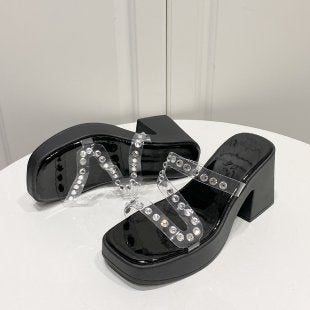 Damen elegante Plateau-Pantoletten mit Strass-Verzierungen R&B