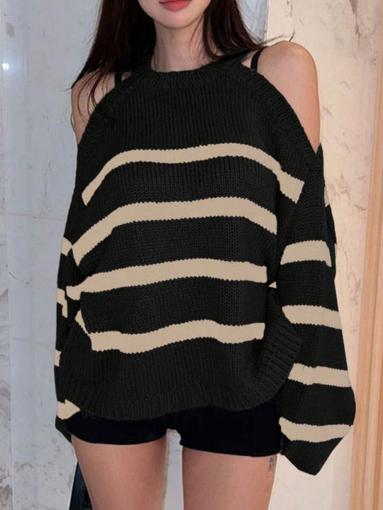 Damen Off-Shoulder Strickpullover mit breiten Streifen R&B