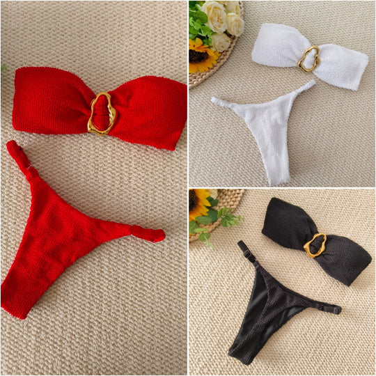 Damen Bandeau-Bikini mit dekorativem Ringdetail R&B