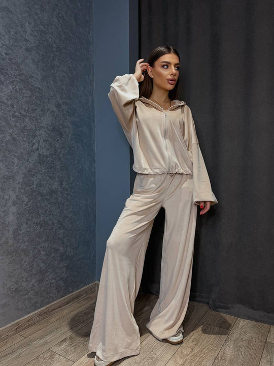 Damen Fleece-Haustextilien-Set mit cropped Oberteil und weitem Hosen R&B