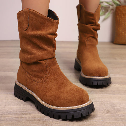 Damen weiche Wildleder-Stiefel mit lässigem Faltenlook und robuster Profilsohle R&B