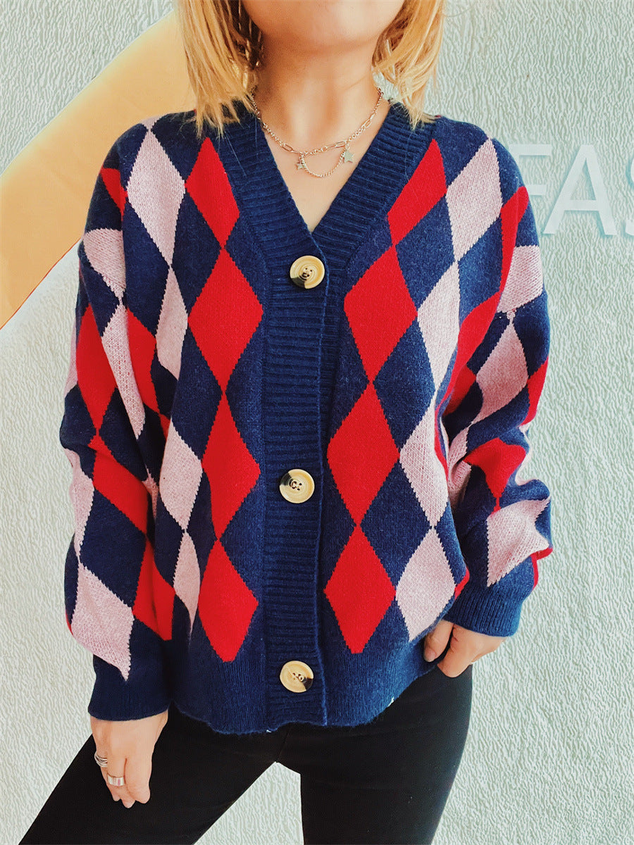 Damen lässige Strickjacke im Rauten-Muster mit goldenen Knöpfen R&B