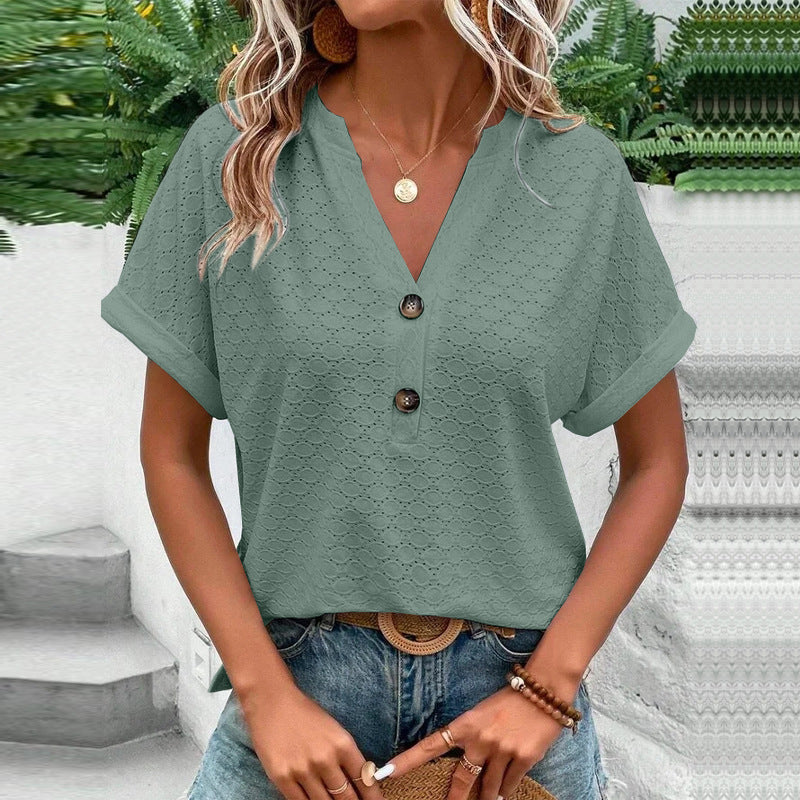 Damen modisches Kurzarm-Oberteil mit Knopfdetails und Struktur R&B