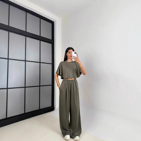 Damen Lässiges Freizeit-Set mit cropped Oberteil und weiten Hosen R&B