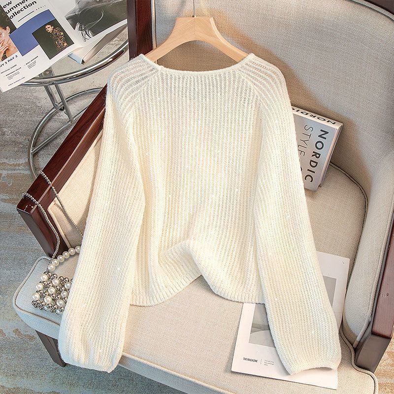Damen lässiger Pullover mit Off-Shoulder Design und funkelnden Details R&B