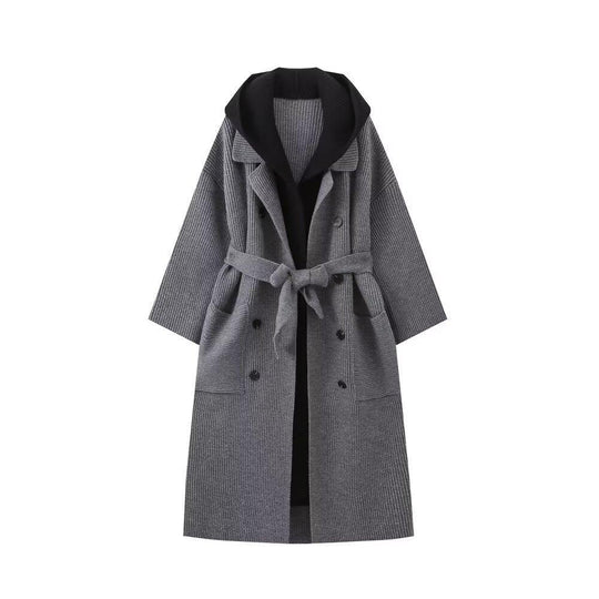 Damen lässiger Longcardigan mit bindbarem Taillengürtel und zweilagigem Kragen R&B
