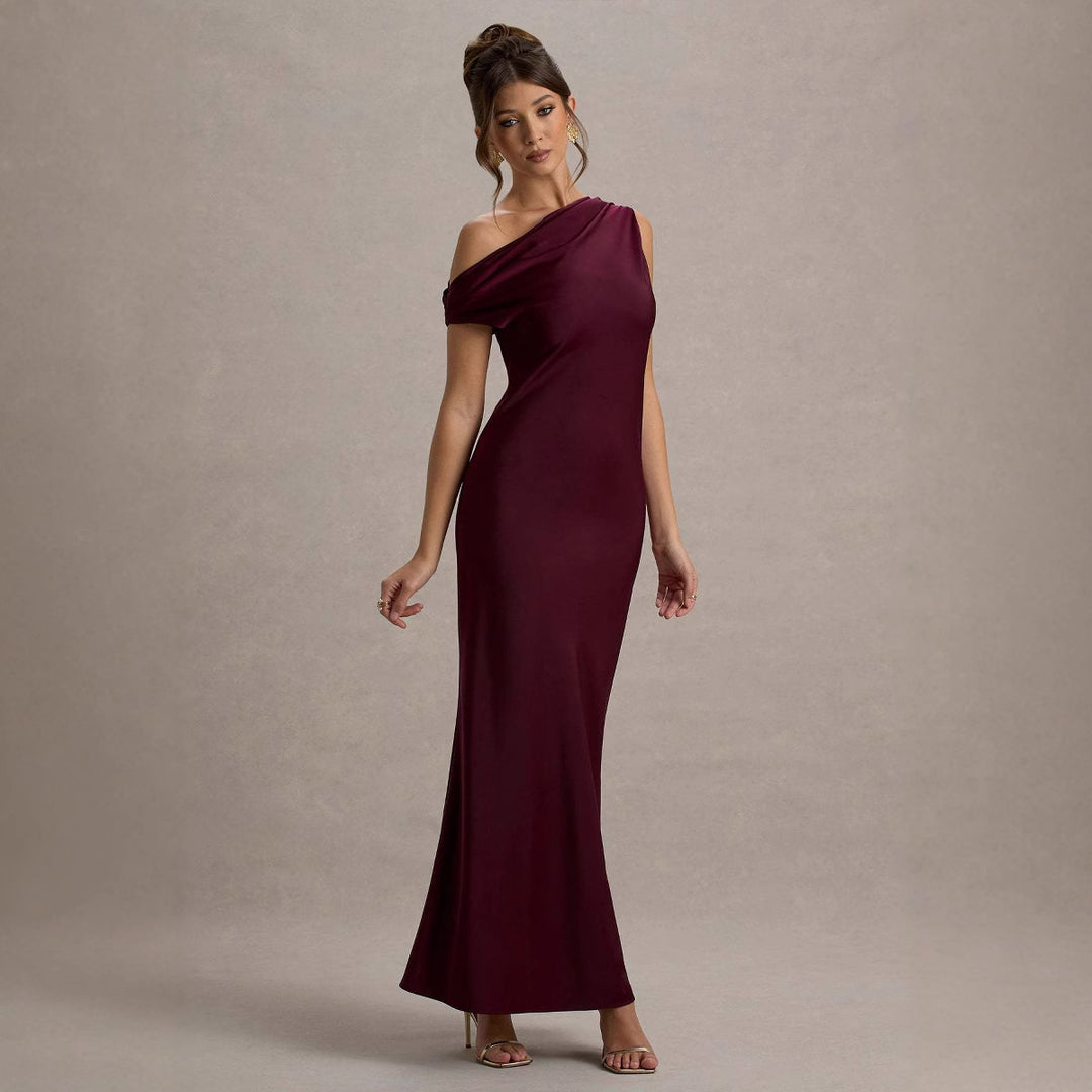 Damen elegantes, schulterfreies Maxi-Kleid mit fließendem Schnitt und Raffungen R&B