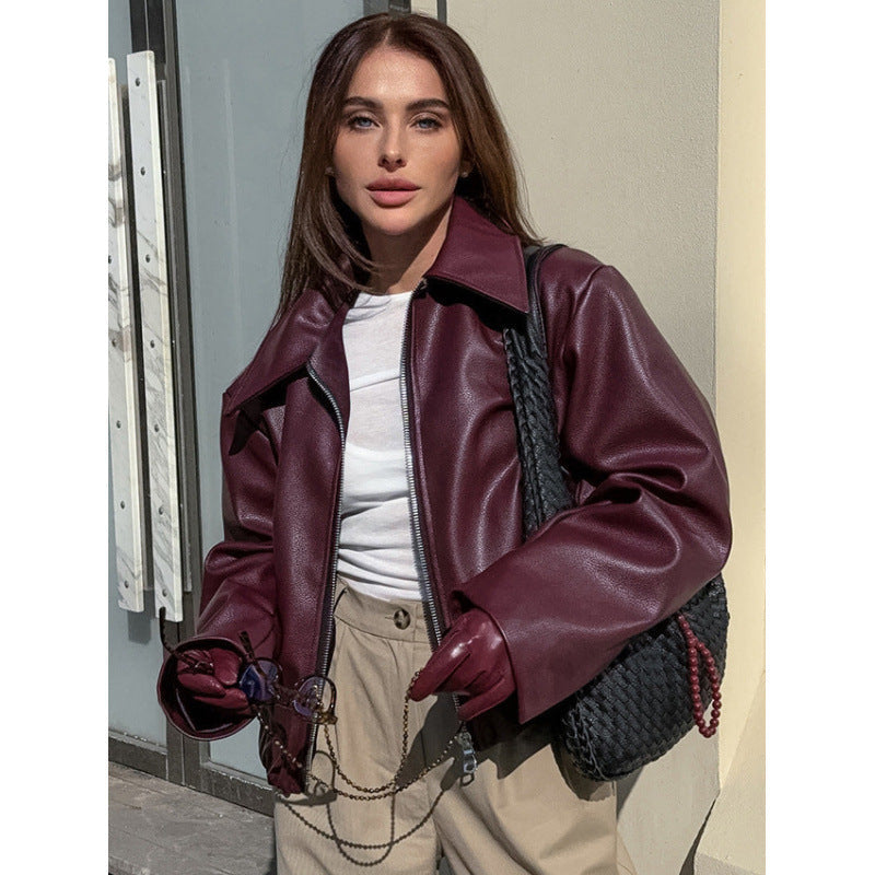 Damen Kunstlederjacke mit Oversized-Schnitt und klassischem Kragen R&B