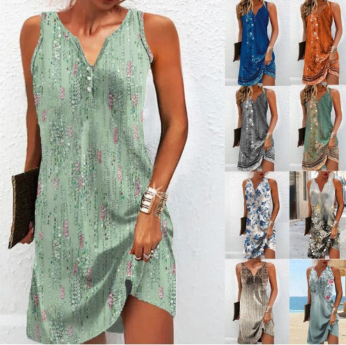 Damen, lässiges Sommerkleid mit V-Ausschnitt und asymmetrischem Saum R&B