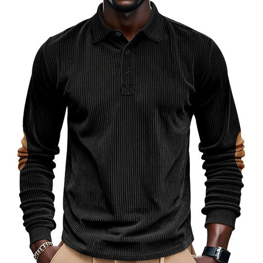 Herren nan geripptes Langarm-Poloshirt mit Henley-Knopfleiste und veloursähnlichen Ellbogenpatches R&B