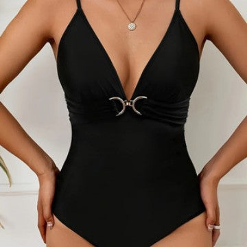 Damen Einteiler Badeanzug mit elegantem V-Ausschnitt und modischem Raffungselement R&B