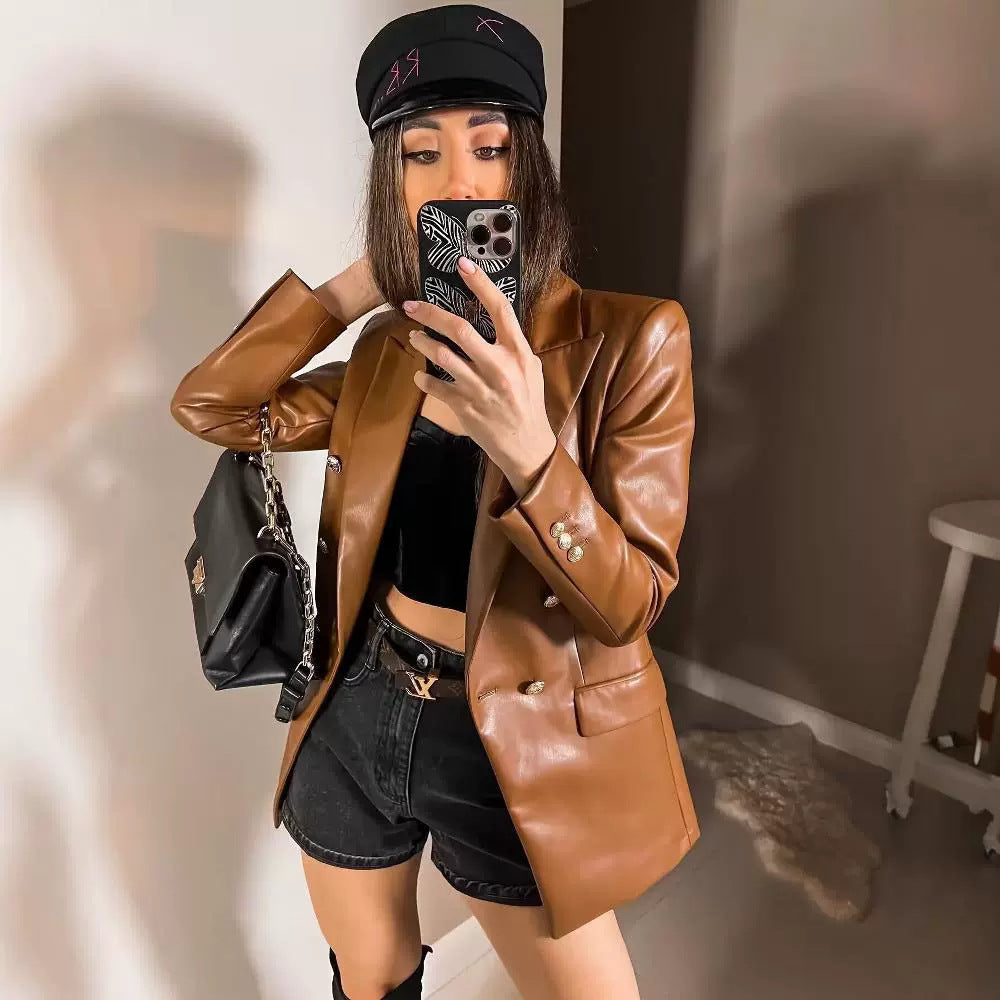Damen Doppelreihige Kunstlederblazer R&B