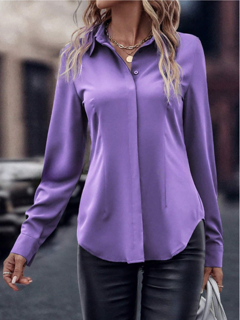 Damen elegante Satinbluse mit klassischem Kragen und zeitlosem Schnitt R&B