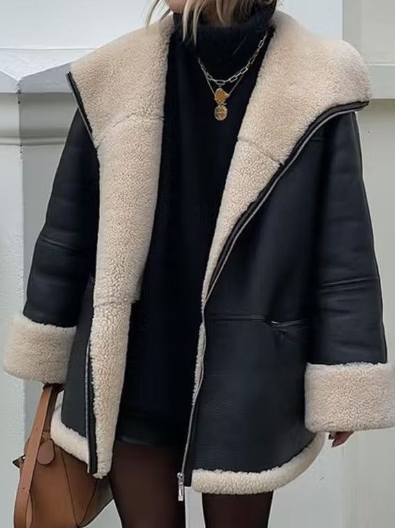 Damen Kunstlederjacke mit kuscheligem Innenfutter und hohem Kragen R&B