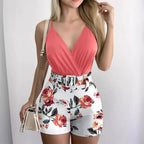 Damen Body mit tiefem V-Ausschnitt und floralem High-Waist Shorts Set R&B