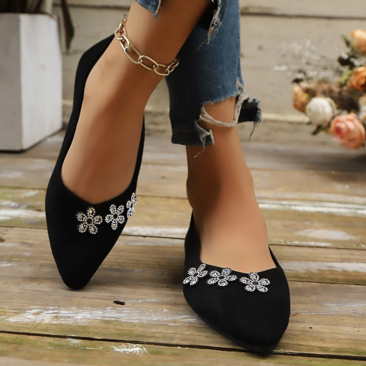 Damen elegante Ballerinas mit floralem Schmuckdetail R&B