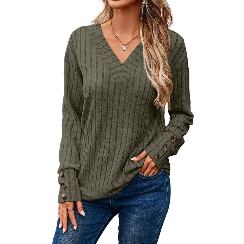 Damen V-Ausschnitt Pullover mit dekorativem Streifenmuster und Knopfdetails R&B