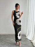 Damen nan figurbetontes ärmelloses Maxikleid mit fotorealistischem Blumenprint und taillierter Silhouette R&B