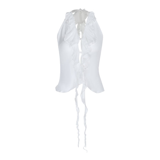 Damen elegantes Rüschenoberteil mit tiefem V-Ausschnitt und feinem Satin R&B