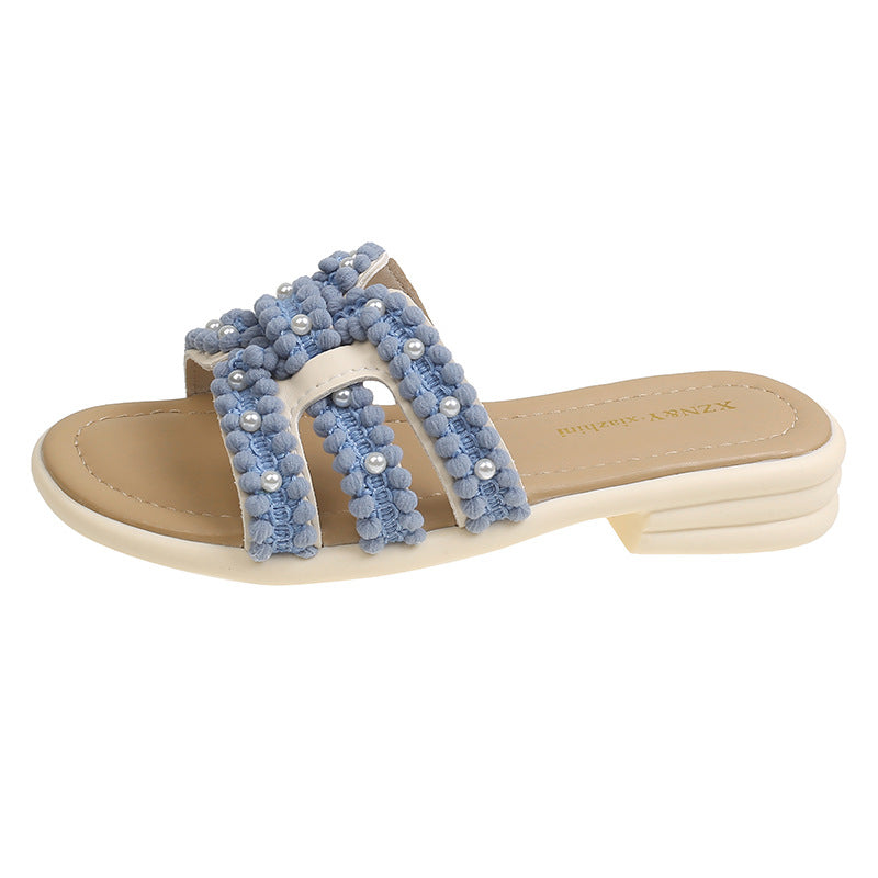 Damen Elegante Slide-Sandalen mit modischen Perlen- und Fransenakzenten EB