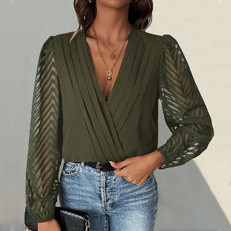 Damen elegantes Body mit voluminösen Ärmel und tiefem V-Ausschnitt R&B