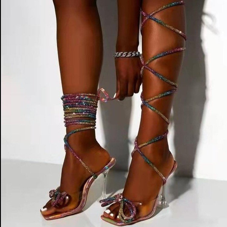 Damen Durchsichtige Absatzsandalen mit funkelndem Riemendesign und Schleifenakzent R&B