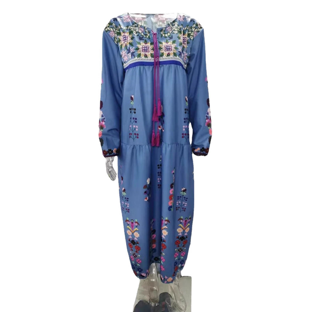 Damen nan besticktes Maxikleid mit langen Ärmeln, Quastenverschluss und folkloristischer Stickerei R&B