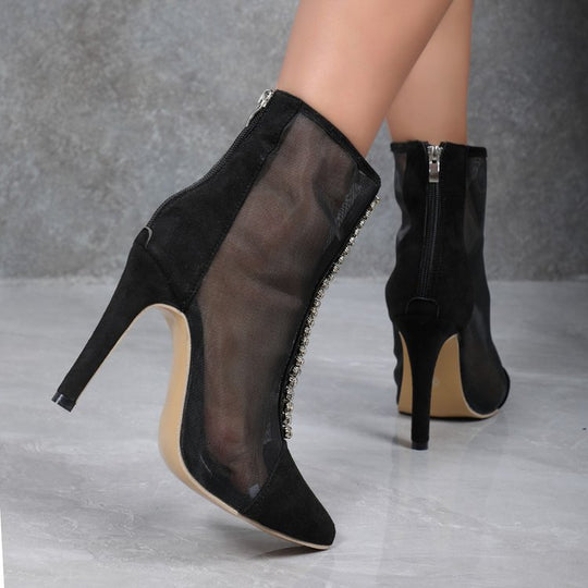 Damen elegante Knöchel-Stiefeletten mit transparentem Mesh-Obermaterial und funkelnden Details R&B