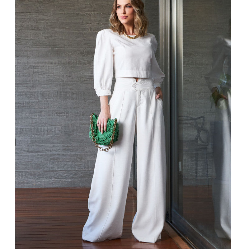 Damen Elegantes zweigeteiltes Set mit cropped Bluse und weiten Hosen R&B