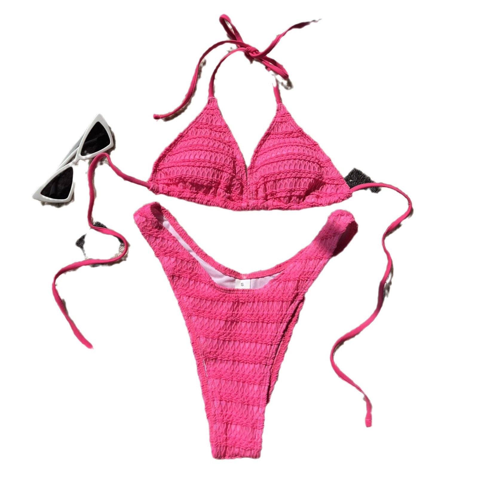 Damen Triangel-Bikini mit strukturierter Oberfläche und verspielten Trägern R&B