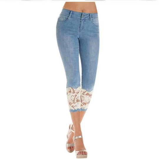 Damen Jeanshose mit Spitzenverzierung und figurbetontem Schnitt R&B
