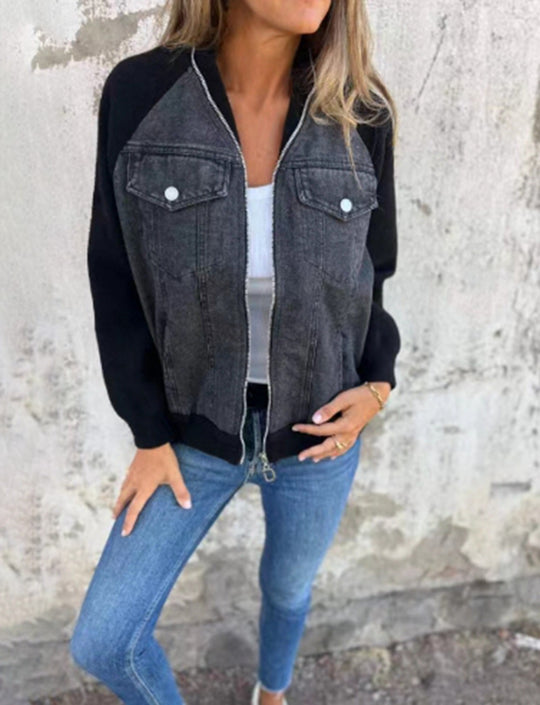 Damen nan Sweat-Jeans-Bomberjacke mit Raglanärmeln Brustklappen und Reißverschluss R&B