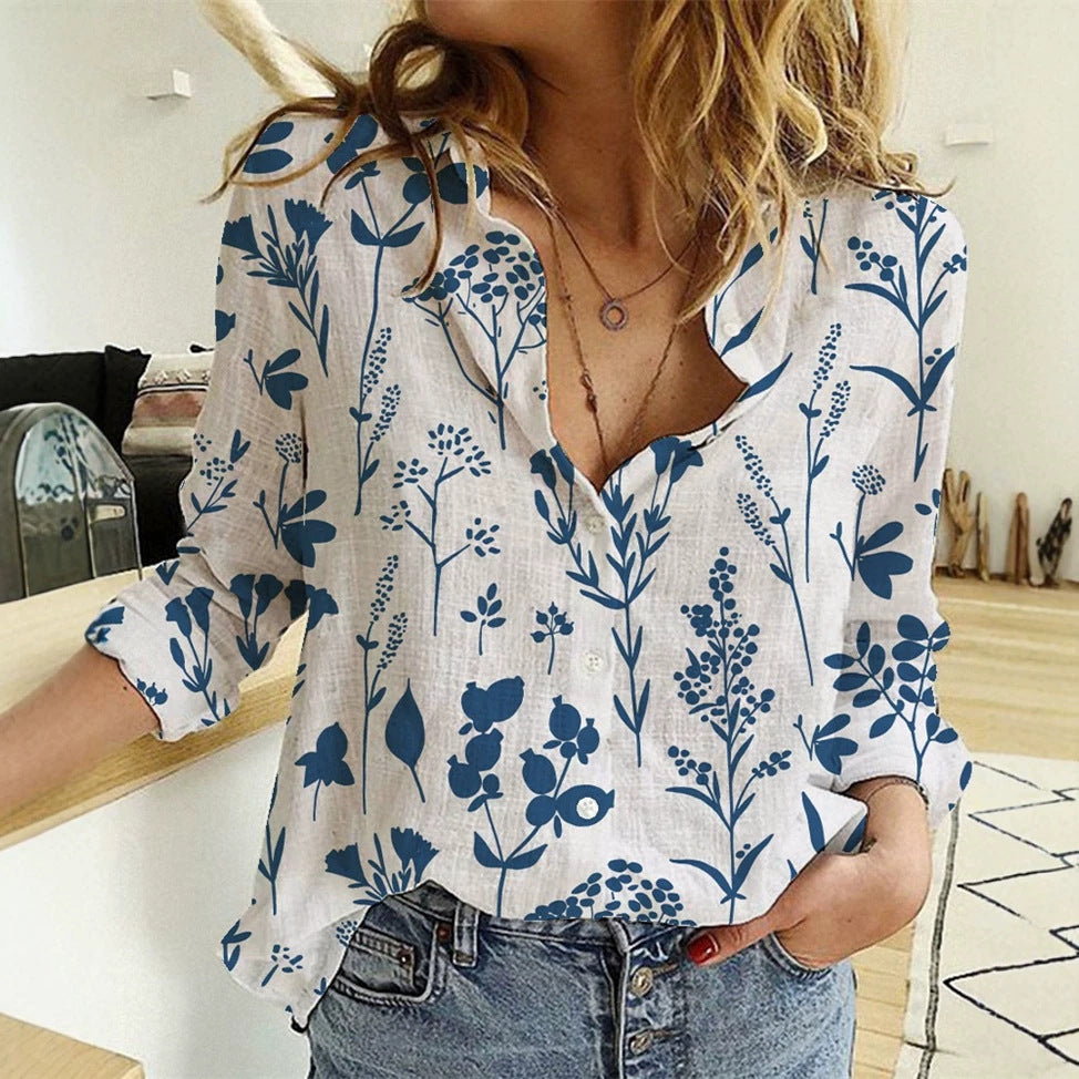 Damen nan lockere Leinenoptik-Bluse mit V-Ausschnitt botanischem Alloverprint und Dreiviertelärmeln R&B