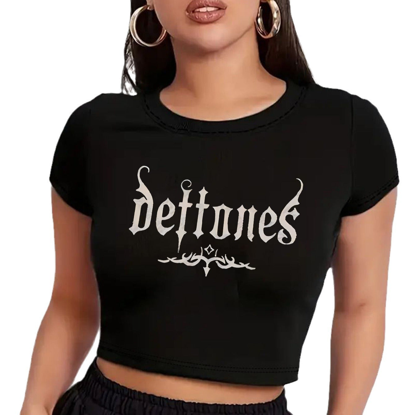Damen Crop-T-Shirt mit animalistischem Lippenmotiv und auffälligem Schriftzug R&B