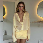 Damen Chiffon Bluse mit gerafftem Minirock R&B