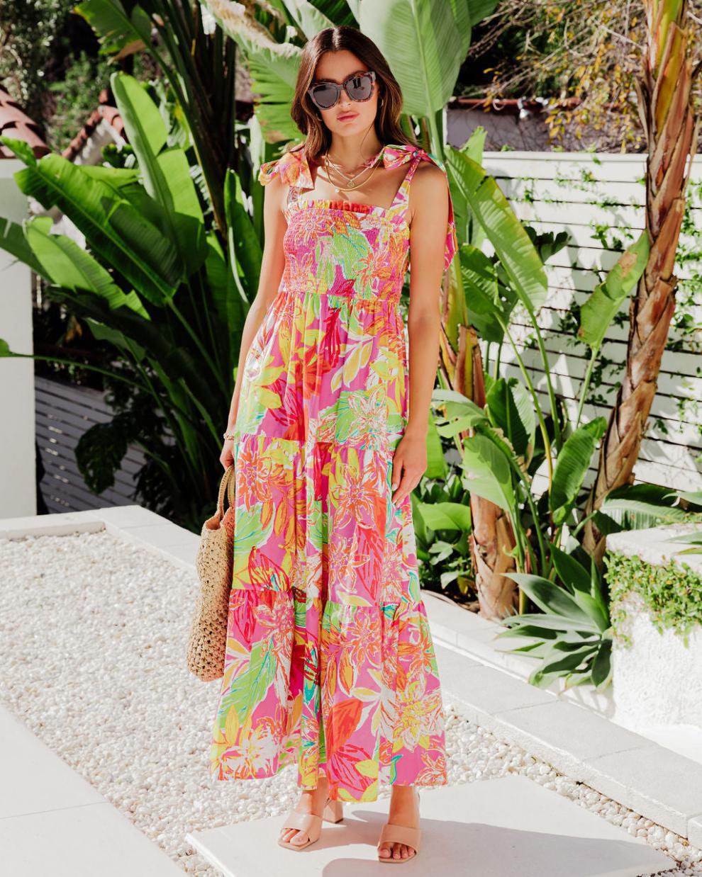Damen Maxi-Kleid mit floralen Mustern und Trägerdetails R&B
