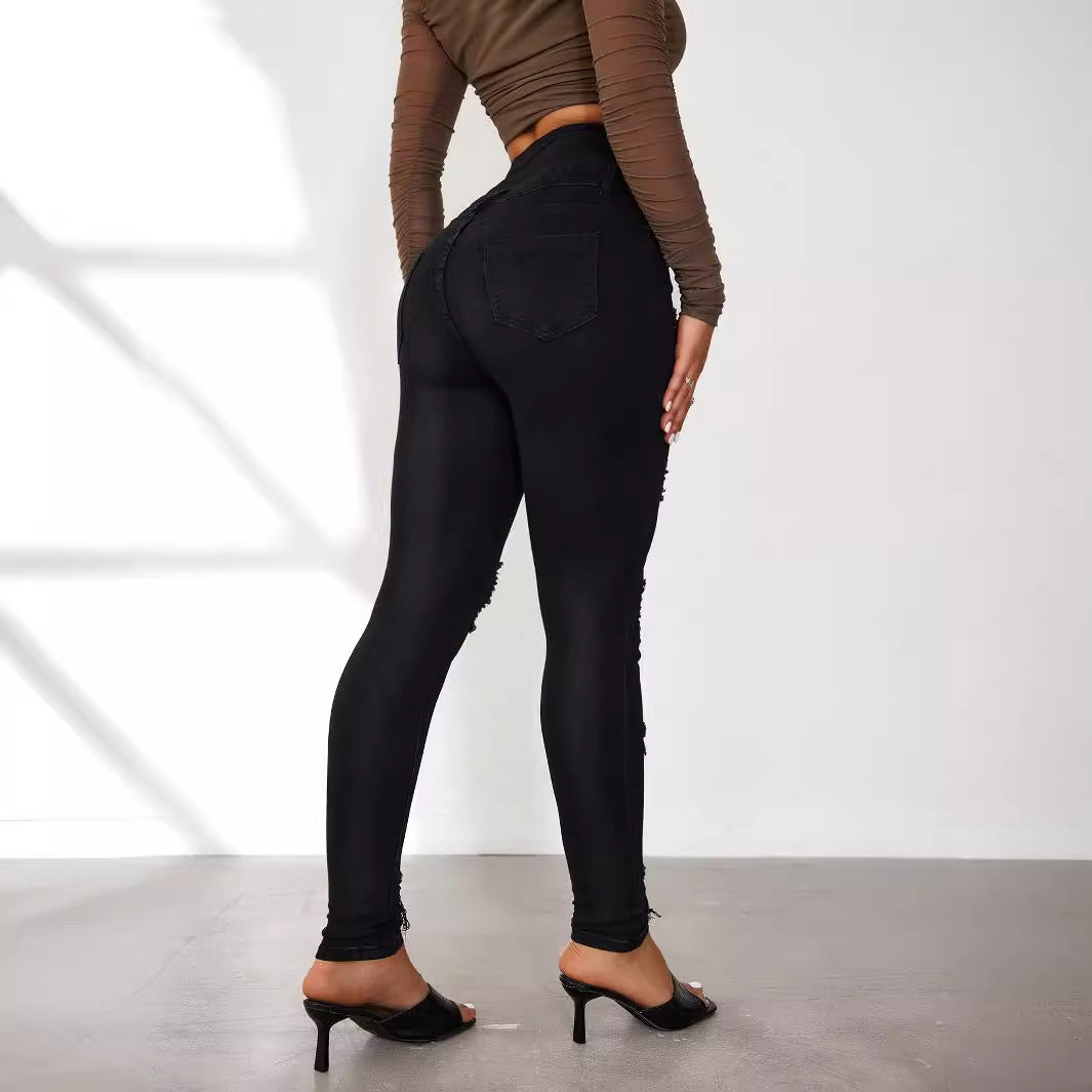 Damen High-Waist Jeans mit modischen Riss- und Knopfdetails R&B