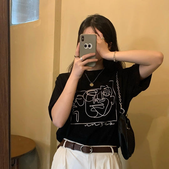 Damen Grafik T-Shirt mit modernem Linienkunst-Motiv und lässiger Passform R&B