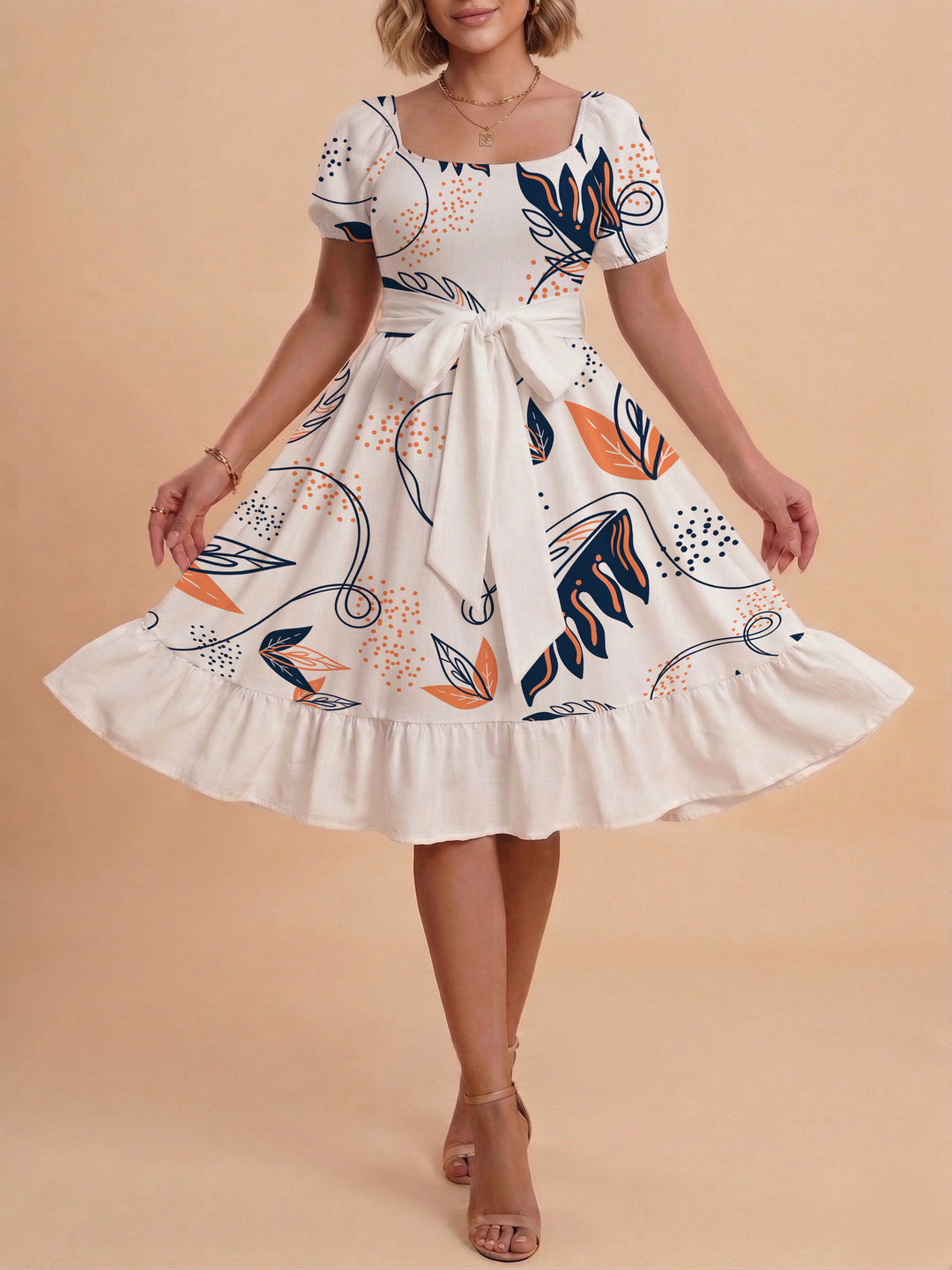 Damen Sommerliches Blumenkleid mit taillierbarem Gürtel und voluminösen Ärmeln R&B