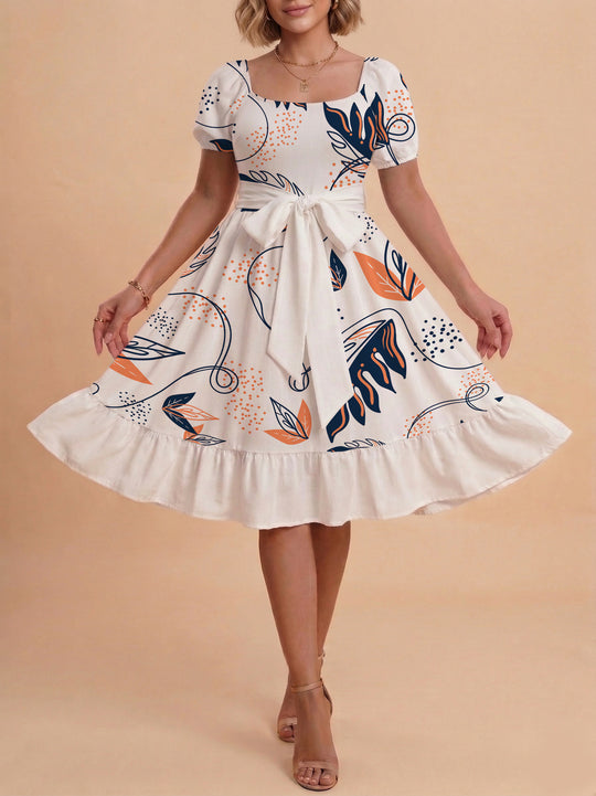 Damen Sommerliches Blumenkleid mit taillierbarem Gürtel und voluminösen Ärmeln R&B